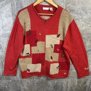 Vintage Red and cream‎ Fall patchwork zip-up sweater Woman's Large  #autumnvibes